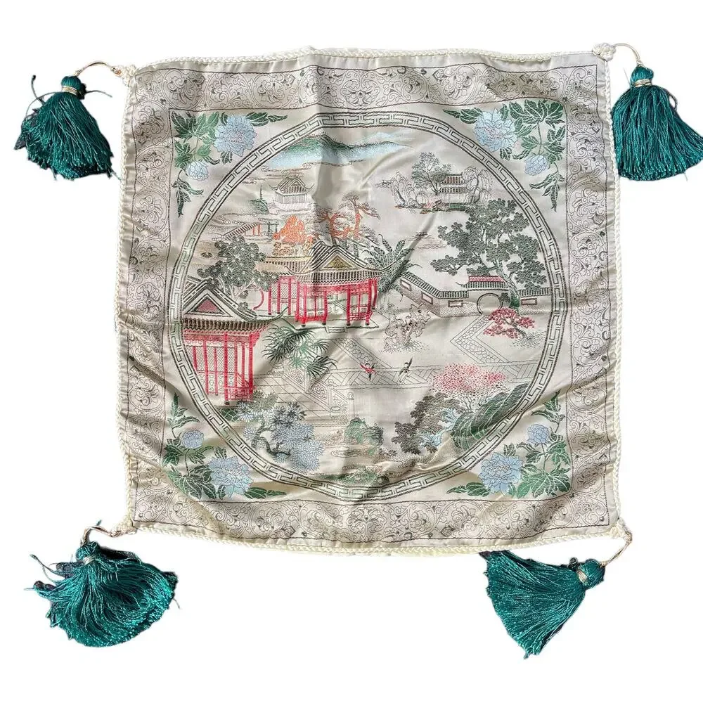 Vintage Brocaded Flowers Oriental Pillow Case with Tassels Asian Sham Cover READ